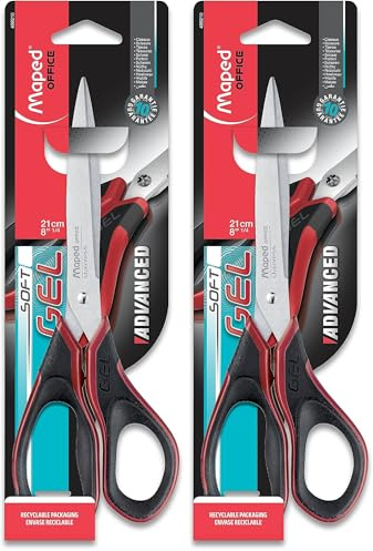 Maped - Ciseaux Advanced Gel Asymétrique 21 cm - Poignées Ergonomiques avec Intérieur Gel Ultra-Doux - Lames et Rivets en Acier Inoxydable (Lot de 2)