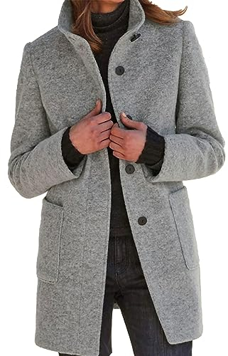 xxxiticat Damkappa av ullblandning enkel rad varm ståkrage långa blazerjackor trenchcoat med fickor S–3XL, GRÅ, M