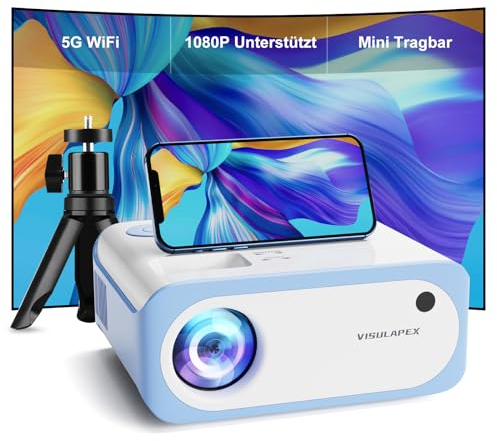 Mini Beamer mit Stativ, Beamer Tragbarer Full HD 1080P Unterstützt, VISULAPEX V3 5G WiFi 9000LM Video Beamer für Handy Phone, Kompatibel mit TV Stick/X-Box/DVD/Laptop/Smartphone Kleiner Beamer