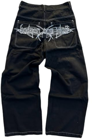 ORANDESIGNE Jeans Y2K Homme Taille Basse Printed Pants Pantalon Unisexe Pantalon Cargo Décontracté Imprimé Hippie Streetwear D Noir L