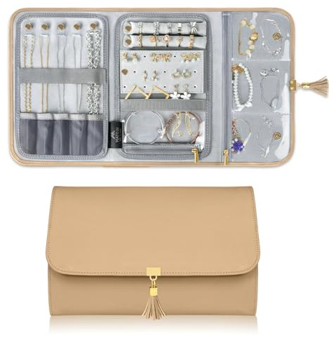 MATEIN Large Jewelry Organizer Travel, Portable Jewelry Case for Travelling, Tangle Free Necklace Storage Roll Bag for Earring Ring Bracelet, Travel Gifts for Women, Brown