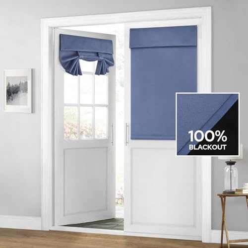 HOMEIDEAS 100% Blackout French Door Curtains, Privacy Door Curtains for Window, 26 X 40 Inch Room Darkening Blinds, Thermal Insulated Window Shades for Bedroom, 1 Panel, Stone Blue