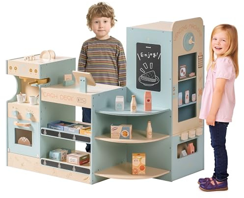 ROBOTIME Kids Grocery Store, Pretend Play Supermarket with Checkout Counter, Vending Machine Toy, Kids Coffee Maker & Cuting Food, Grocery Store Pretend Playset for Toddler Boys Girls