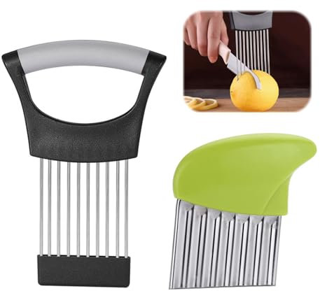 EnixwH 2 Pièces Coupe Oignon, Decoupe Frite, Coupe Frite, Coupe Legume, Inoxydable Couteaux à Oignon Trancheur à Oignons, pour Couper Pommes de Terre Carottes Oignons Légumes Viande (Noir Gris + Vert)