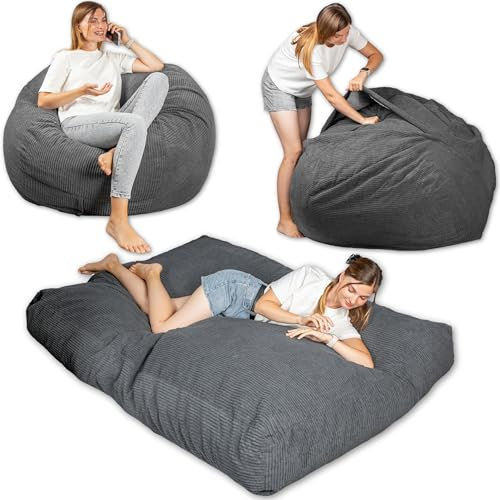 bananair - Sitzsack Bett XXL, Verwandelt Sich Mühelos In Eine Bequeme Und Weiche Bodenmatratze – Cordstoff Und Schaumfüllung – Vielseitiges Bean Bag Bed, Futon, Faltbare Matratze (Dunkelgrau)
