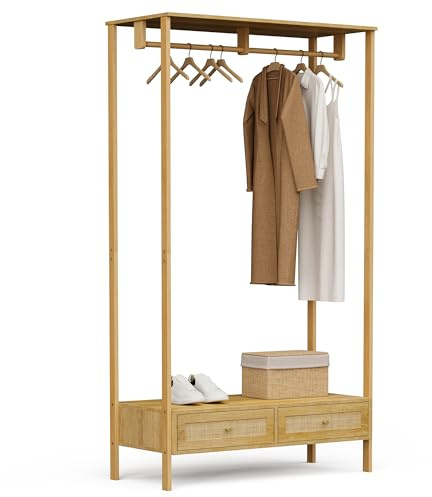 VonHaus Clothes Rail for Bedroom - Scandi Style Open Wardrobe 2 Rattan Fronted Drawers with Metal Handles - Boho Look Coat Stand, Living Room & Hallway, Clothing Rails, Hanging Rails for Clothes