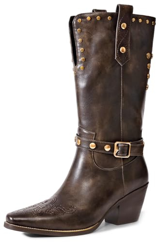 RONILURN Womens Cowboy Cowgirl Boots Wide Mid Calf Square Toe Riding Boots Block Chunky Heel Low Heel Distressed Studded Boot