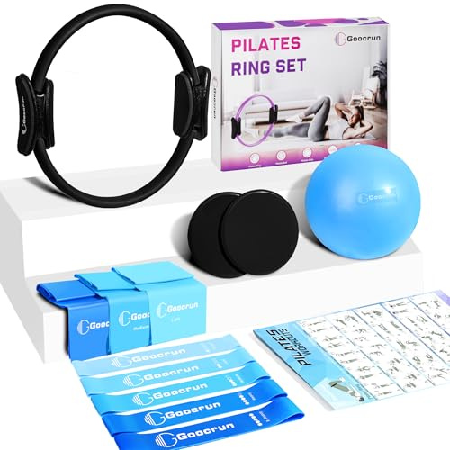 Goocrun Pilates ringset träningsutrustning med träningsband, motståndsband, pilatesboll, glidande skivor – träningsutrustning, hemmagym, inkluderar komplett fitnessaffisch (svart)