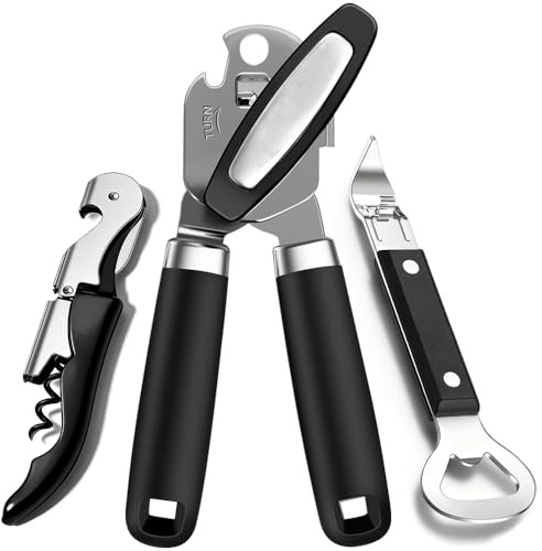 3PCS Can Opener Manual & Bottle Opener & Wine Opener, Smooth Edge Can Openers with Strong Magnet, Heavy Duty Stainless Steel Abrelatas Handheld Waiter Corkscrew - Premium Kitchen Supplies (Black)