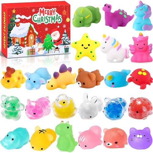 Chennyfun Advent Calendar for Kids, Christmas 24 Days Countdown Calendar with 24 Kawaii Mochi Animal Toys, Party Favor Toys Christmas Stocking Fillers Surprised Gift For Kids Boys Girls