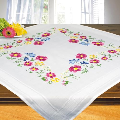 KAMACA Kit de punto de cruz para mantel con diseño de flores, incluye hilo de bordar e instrucciones (idioma español no garantizado), juego de bordado para adultos (prado de flores MD 80 x 80 cm)