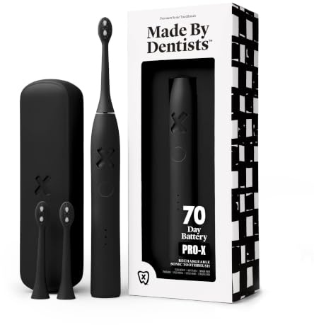 Made by Dentists PRO‑X Sonic Electric Toothbrush for Adults – Dentist‑Designed Whitening Rechargeable Toothbrush, 9 x More Plaque Removal, 70 Day Battery, 3 Modes, Travel Case & Extra Heads, Black