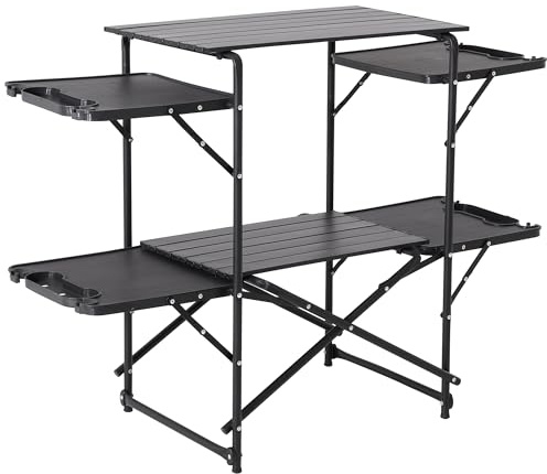 Foristrail Slim-Fold Camping Kitchen Table, Metal Folding Portable Outdoor Cook Station with 4 Side Tables, 2 Storage Shelves & Carrying Bag, Heat Resistant Quick Set-Up for Picnic BBQ