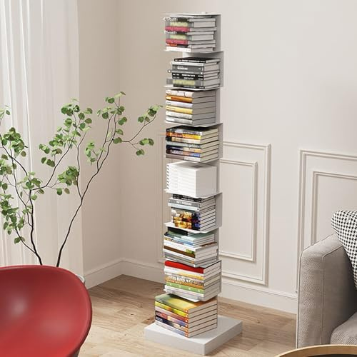 Estantería de metal de 9 niveles, torre de libros de columna vertical, estantería de esquina para espacios pequeños, estantería alta y estrecha, estantería multiusos para oficina en casa