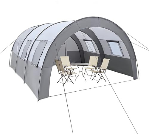 MIIWWOWO 6 Person Camping Tunnel Tent, Waterproof & UPF50+, with Breathable Mesh Windows, Fiberglass Rods, Carry Bag, Easy Assembly, for Outdoor Camping Hiking Festival, 350 * 480 * 206cm, Grey