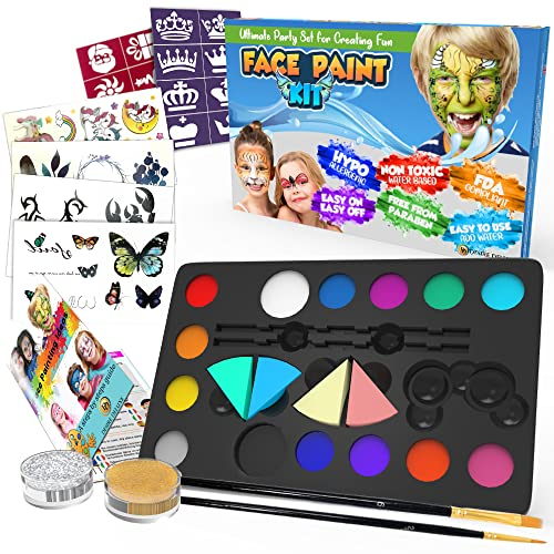 Desire Deluxe Kinderschminke Set Geschenk für Kinder - auf Wasserbasis für Halloween, Fasching, Karneval, Glitter und Tattoo Schablonen - Weihnachten Spielzeug für Jungen und Mädchen 3 - 15 Jahr alt