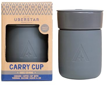 EST 2012 UBERSTAR BARWARE & GIFTS Carry Space Grey Ceramic Coffee Cup Insulated Thermal Silicone Lid 350ml