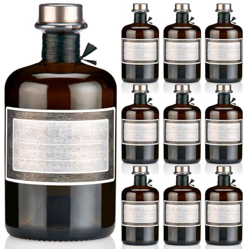 9x Apothekerflaschen braun 500ml Geschenkset mit Korken titansilber matt, Band, Kapseln & 9 Etiketten Motiv Holzrahmen, 0,5L leere Glasflaschen schwarz antik, Braunglas Flaschen für Öl, Gin uvm.
