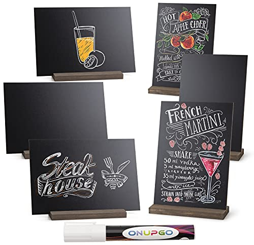 ONUPGO Mini enseignes de tableau noir vintage en bois avec support de base – 15.5 x 22.5cm Lot de 6, mini enseignes de table décoratives pour tableau noir petit message tableau noir