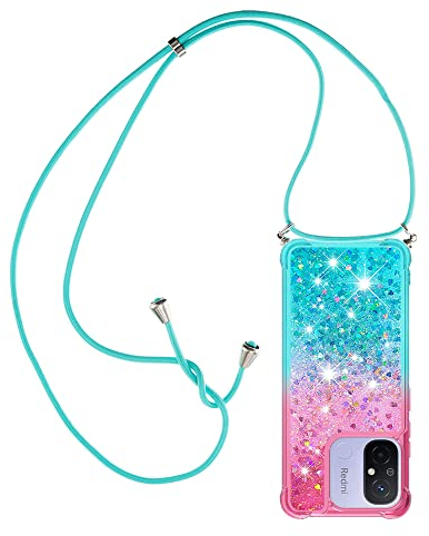 Paekear Halsband för Xiaomi Redmi 12C silikonskal, flytande glitterflickor, kvinnor, axelremsfodral, gnista och snodd med justerbar snodd ficka, rosa och blå