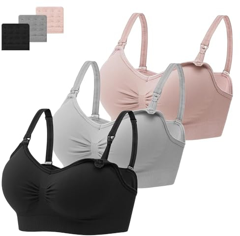 HBselect 3 Pcs Maternity Nursing Bra Seamless Nursing Bra with Additional Bra Extensions Breastfeeding and Sleeping Without Wires for Women Black Gray Pink M