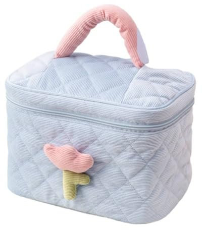 Trousse de maquillage portable en velours côtelé de grande capacité - Sac de rangement mignon pour cosmétiques, Sac seau bleu
