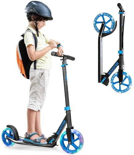 KOMFOTTEU Scooter Tretroller Klappbar, Cityroller Kickscooter mit 2 LED Rädern & Tragegurt, ‎Roller aus Aluminium, Kickroller Roller höheverstellbar für Kinder & Erwachsene bis 110 kg (Blau)