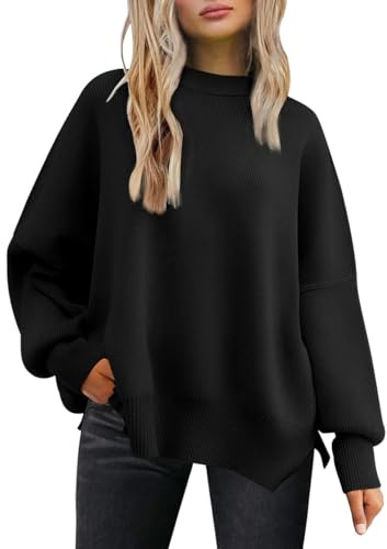Tincini Women's Jumpers Winter Casual Crew Neck Knitted Sweaters Long Sleeve Loose Pullover with Side Slit Jumper Tops Sweatshirt (Black, L)