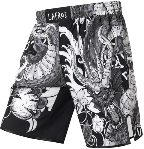 LAFROI Mens Boxing Shorts Jiu Jitsu MMA Cross Training Fighting Trunks Activewear with Drawstring-QJK06 Dragon Size MD