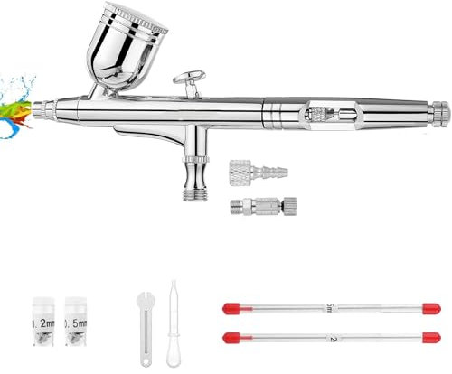 More9Room Airbrush Kit 0.3 mm Airbrush Gun Dual-Action Gravity Feed Kit, 1/2 & 1/4 OZ Fluid Cup, 0.2 mm & 0.5 mm Nozzles Needles Air Caps for Nail Art Painting Makeup Cake