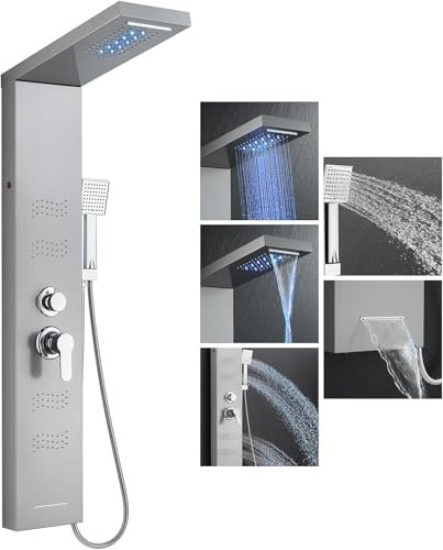 LLFFSSDG Panel de Ducha Columna de Ducha Sistema de Panel de Ducha 5 en 1: Lluvia, Cascada, 4 Chorros Corporales, Ducha de Mano y Boquilla - Acero Inoxidable Brushed Nickel