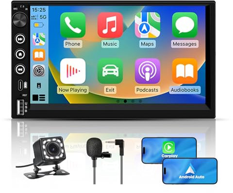 Hexinex 2 DIN Radio Coche Universal con Pantalla Táctil 7 Pulgadas, con CarPlay/AndroidAuto/Mirror Link, Admite Carga Type-C/USB/Micrófono/FM/EQ/WiFi/GPS/Bluetooth/USB/SWC y Cámara Trasera