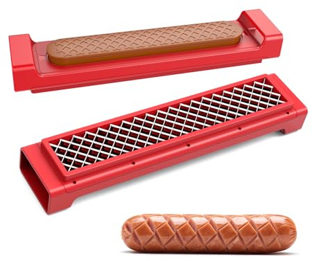 WhiteRhino Hot Dog Slicing Tool with Easy Eject Mechanism and Handle, 3D Embossed Sauce-Locking Stainless Steel Blade for Kitchen, Grilling,Picnics, Camping Backyard Outdoor BBQ Barbecue Racks