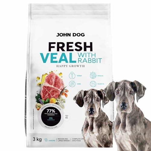 JOHN DOG Premium Welpenfutter Fresh Kalb & Kaninchen- Puppy Trockenfutter für Welpen mit 77% Fleischanteil - ohne Getreide und Huhn - Hundefutter trocken aus natürlichen Zutaten 3kg
