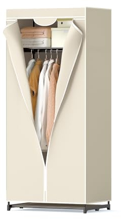 GOPLUS Armario de Tela Plegable con Cremallera, Organizador de Ropa de Textil Tela Portátil, Armario Ropero Pequeño con Barra de Colgar, para Dormitorio, Pasillo, Sala, 170 x 75 x 50 cm (Beige)