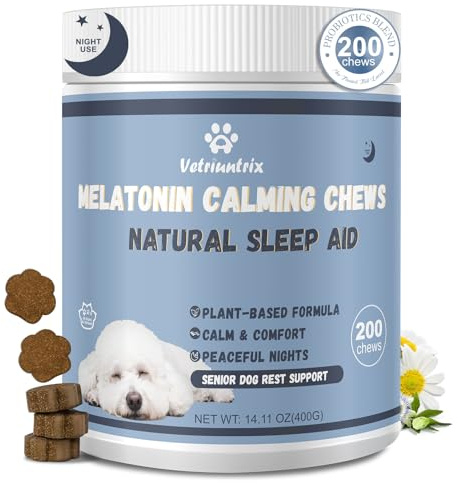 Vetriuntrix Melatonin for Dogs, Calming Chews for Dogs for Sleep, Fireworks, Storms, Thunder, Barking, Separation, Dog Calming Chews with Valerian Root & L-Theanine, 200 Count