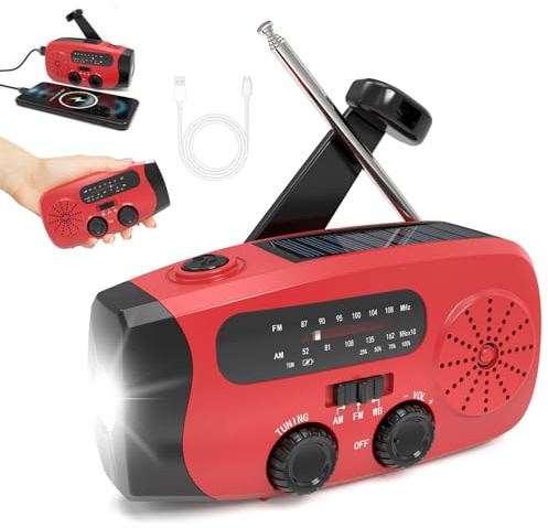 Eznaobo Notfall-solarradio Mit Handkurbel Zur Selbstaufladung, Kurbelradio Solar Und LED Taschenlampe, Radio,sos-Alarm,am/fm/wb, Weltempfänger Für Camping Outdoor, Red, 2000mah