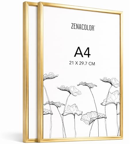 Zenacolor Cornice Foto x2 A4 Alluminio Oro - Cornici Foto con Pellicola Protettiva Antigraffio, da Appendere al Muro o da Appoggiare