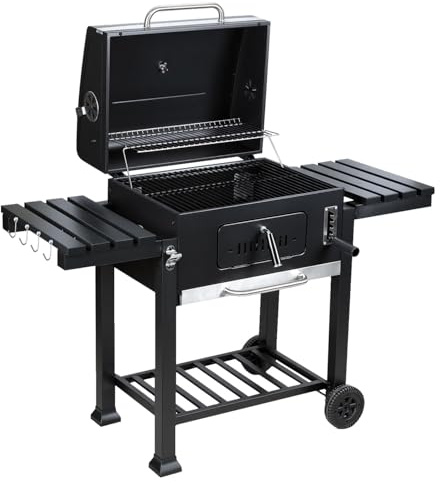 Monucep träkolgrill med lock och termometer – grillvagn med justerbart kolbadkar, 2 hopfällbara hyllor och varmhållningsgaller – perfekt för trädgård, terrass och avslappnade grillkvällar