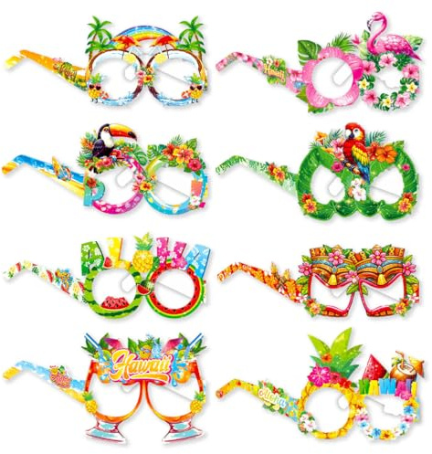 Bolosa Hawaiian Party Glasses, 8 Pcs Luau Party Props, Tropical Photo Booth Props with Flamingo, Pineapple & Parrot Designs, for Luau, Summer Birthday, Beach, Garden Party & Kids Party Favours