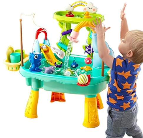 Tavolo Acquatico Per Bambini Esterno - Set Tavolo Giochi Con Sabbia E Acqua, Giocattolo 4 In 1 Con Acquas Corrente E Pompa, Gioco Di Pesca E Scivolo Per Bambini E Bambine Dais 4 Agli 8 Anni