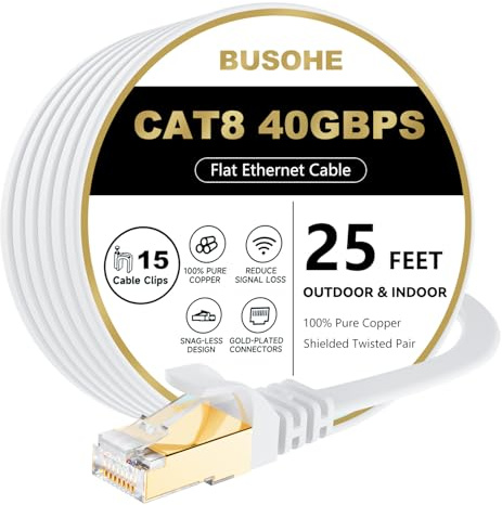 BUSOHE Cat 8 Ethernet Cable 25 FT, 40Gbps 2000Mhz High Speed Flat Cat8 Cable Patch Cord with Gold-Plated RJ45 Connector, LAN Network Internet Cable with 15 Clips for Router/Gaming/Computer, S/FTP