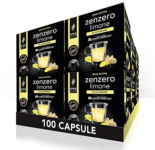 King Cup - 10 Confezioni da 10 Capsule di Limone e Zenzero da Zuccherare, 100 Capsule Compatibili con Sistema Lavazza a Modo Mio di Bevanda al Gusto di Limone e Zenzero, Senza Glutine e Senza Lattosio