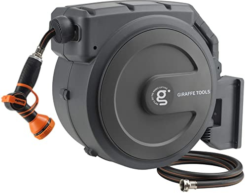 Giraffe Tools Retractable Garden Hose Reel 1/2 Inch x 130 ft, Super Heavy Duty, Any Length Lock, Slow Return System, Wall Mounted and 180 Deg Swivel Bracket