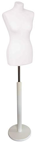 fella4stores Basic Schneiderpuppe, Damen Schneiderbüste aus PU Schaum, L (40/42) mit Überzug und Holz-Rundfuß, Weiß, in Höhe verstellbar, ideal für Kleiderpräsentation
