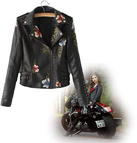 Femme Manteau en Cuir Beign Veste Fleurs Brodées Clouté Casual Manteau Biker Moto Coupe Slim Manches Longues，Veste Blazer De Moto en Simili Cuir Elégant Rivet Blousons avec Broderie M Noir