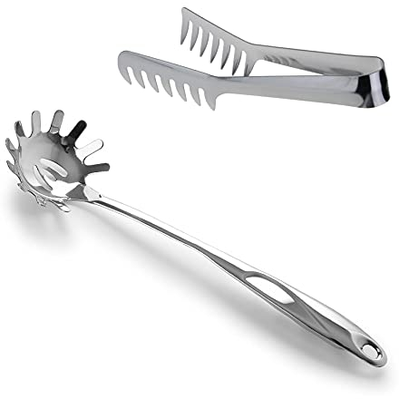HornTide Set di posate per pasta in acciaio inossidabile 1x 20cm Pinze per servire 1x 32cm Cucchiaio per spaghetti Design con estremità dentate