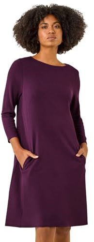 Roman Originals Tunic Dress with Pockets for Women UK Ladies Swing Fit & Flare Skater Slouch Stretchy Casual Smart Winter Jersey Pull On Work Office 3/4 Long Sleeves - Purple - Size 16