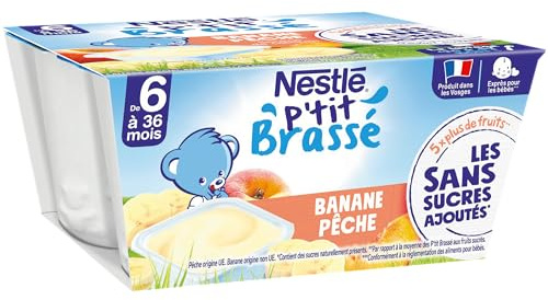 Nestlé Bébé - P'tit Brassé - Laitage Pêche Banane sans sucres ajoutés - dès 6 mois - 4 x 90g
