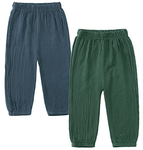 2-pack unisex baby barn pumpbyxor sommar bomull linnebyxor lätta andningsbara anti-mygga joggingbyxor lediga byxor, Mörkblå/mörkgrön, 120 cm